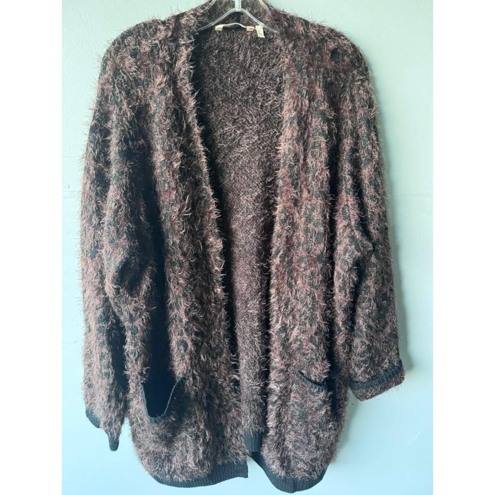 Soft Surroundings Eyelash Knit Leopard Cardigan Burgundy Black Plus Size 2X